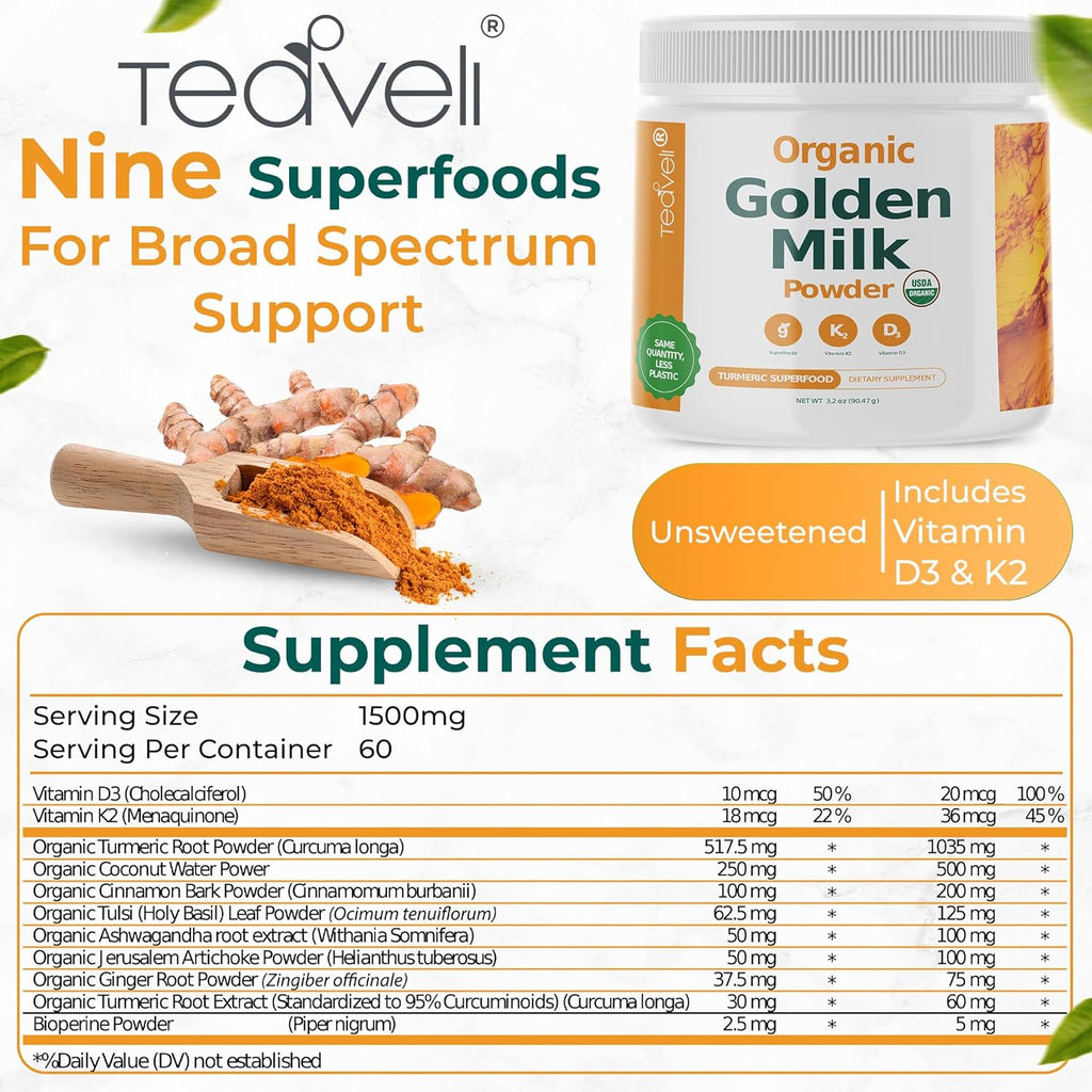 Teaveli® Organic Golden Milk Powder with Vitamins D3, K2 and Nine