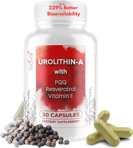Suplemento avanzado de urolitina-A (15 porciones) con resveratrol, PQQ, vitamina E y bioperina